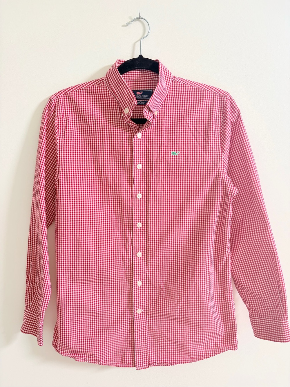 Vineyard Vines Red & White Gingham Button Down Whale Shirt Boys Large 16 EUC